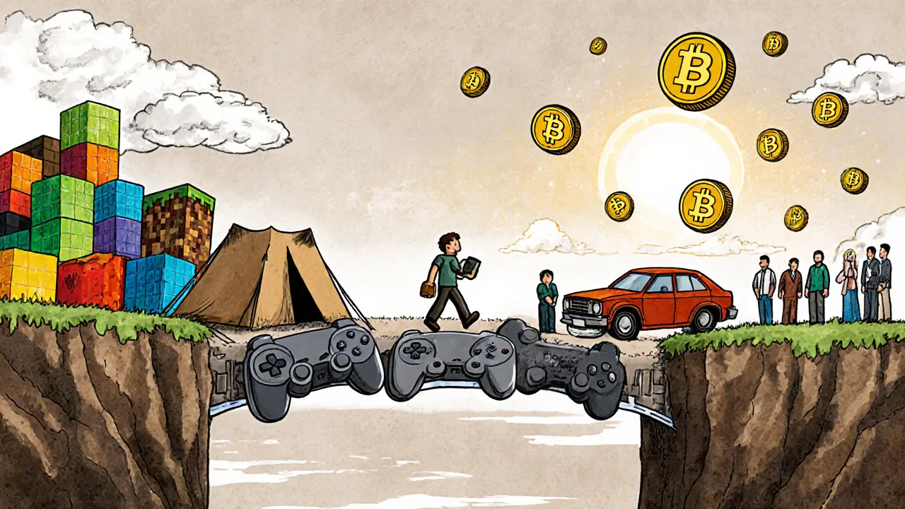 A bridge of game controllers and blockchain nodes connecting Web2 gaming to a Web3 future with BEBE tokens.
