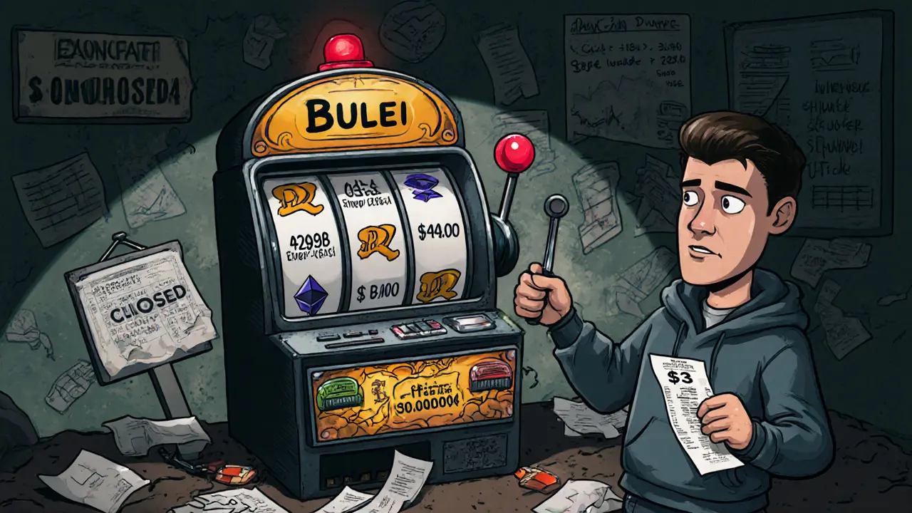 A cartoon slot machine labeled BULEI shows a tiny price, while a worried investor holds a  gas fee receipt.