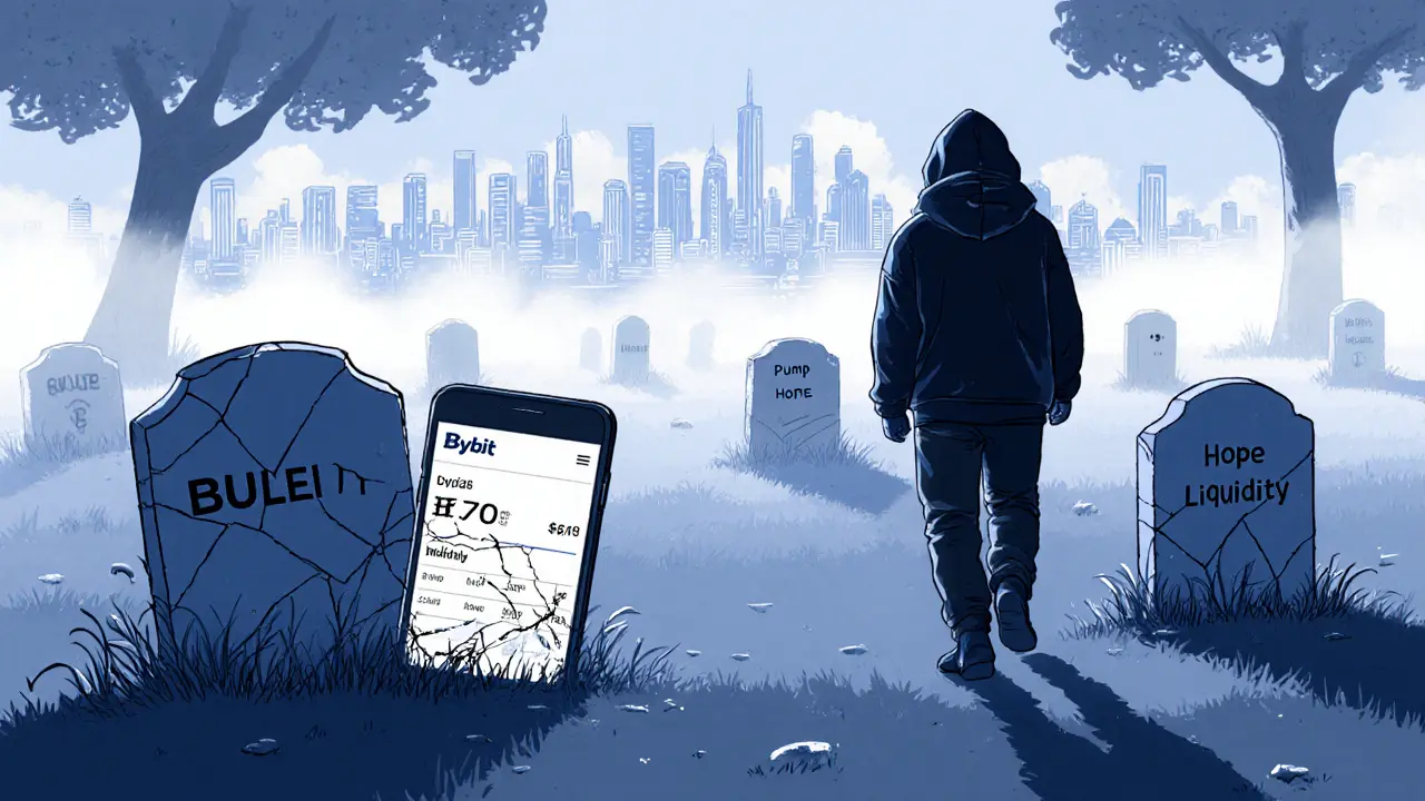 A crypto graveyard with a BULEI tombstone, a broken phone showing low volume, and a figure walking away into fog.