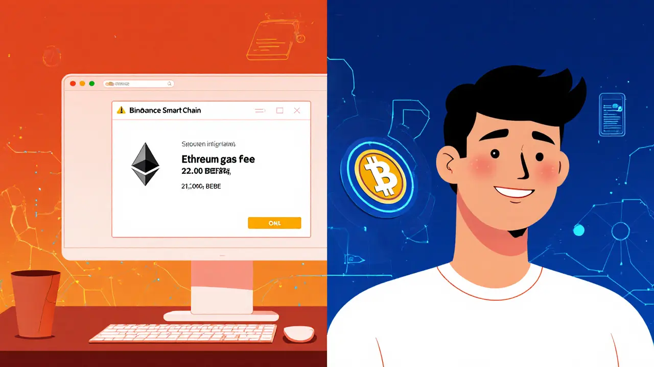 A player frustrated by high gas fees on one side, hopeful for lower fees on the other with a future BSC icon.