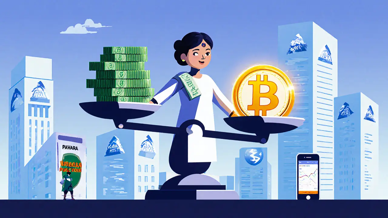 A scale balancing rupees against glowing USDT tokens, held by a woman as a city rises behind.