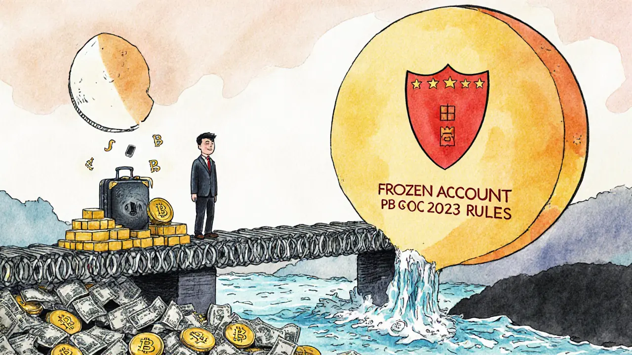 A trader balancing crypto and goods on a blockchain bridge as bank funds drain below.