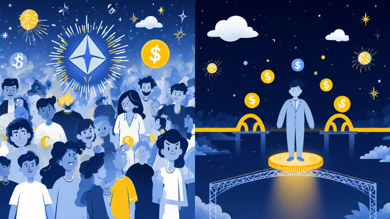Contrasting chaotic high-fee Ethereum trading with calm, fast Fuse Network trading on a DeFi platform.