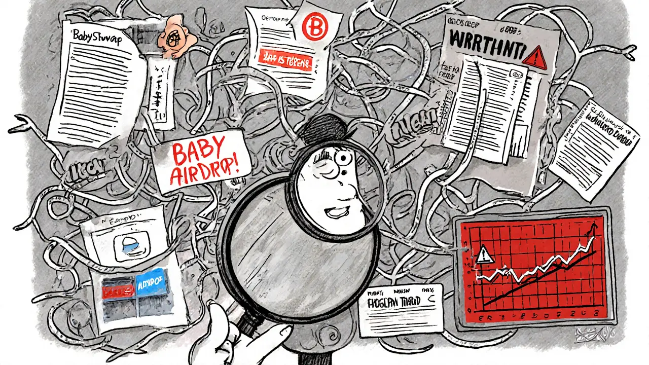 Crypto detective untangling fake airdrop claims, one path leads to steady DeFi, the other to inflated token graph.