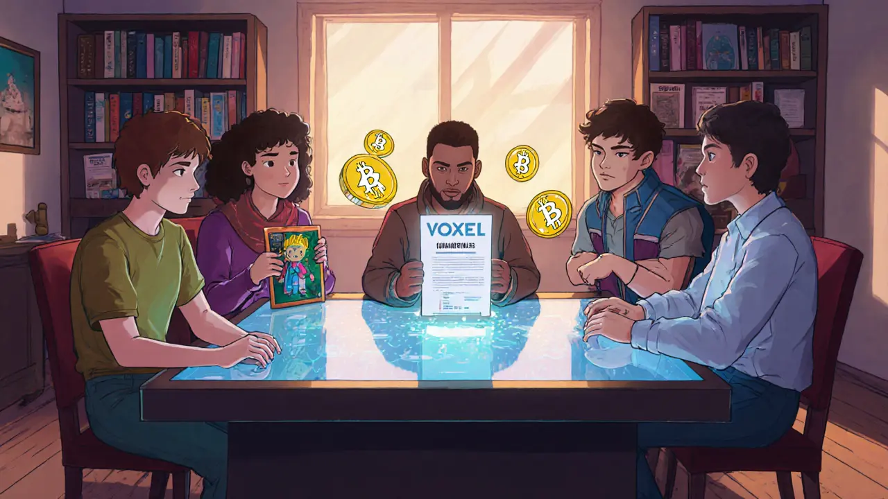Group of players voting on game updates using VOXEL tokens at a holographic table in a cozy game room.