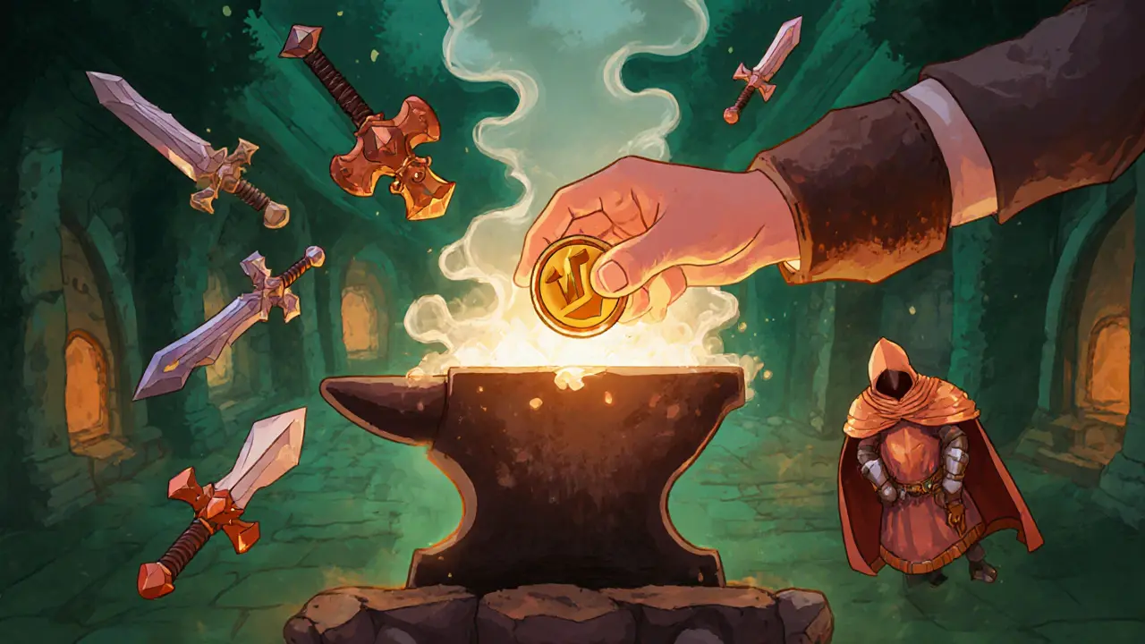 Hand crafting NFT gear with VOXEL token on an anvil, weapons and armor floating nearby in a dungeon setting.