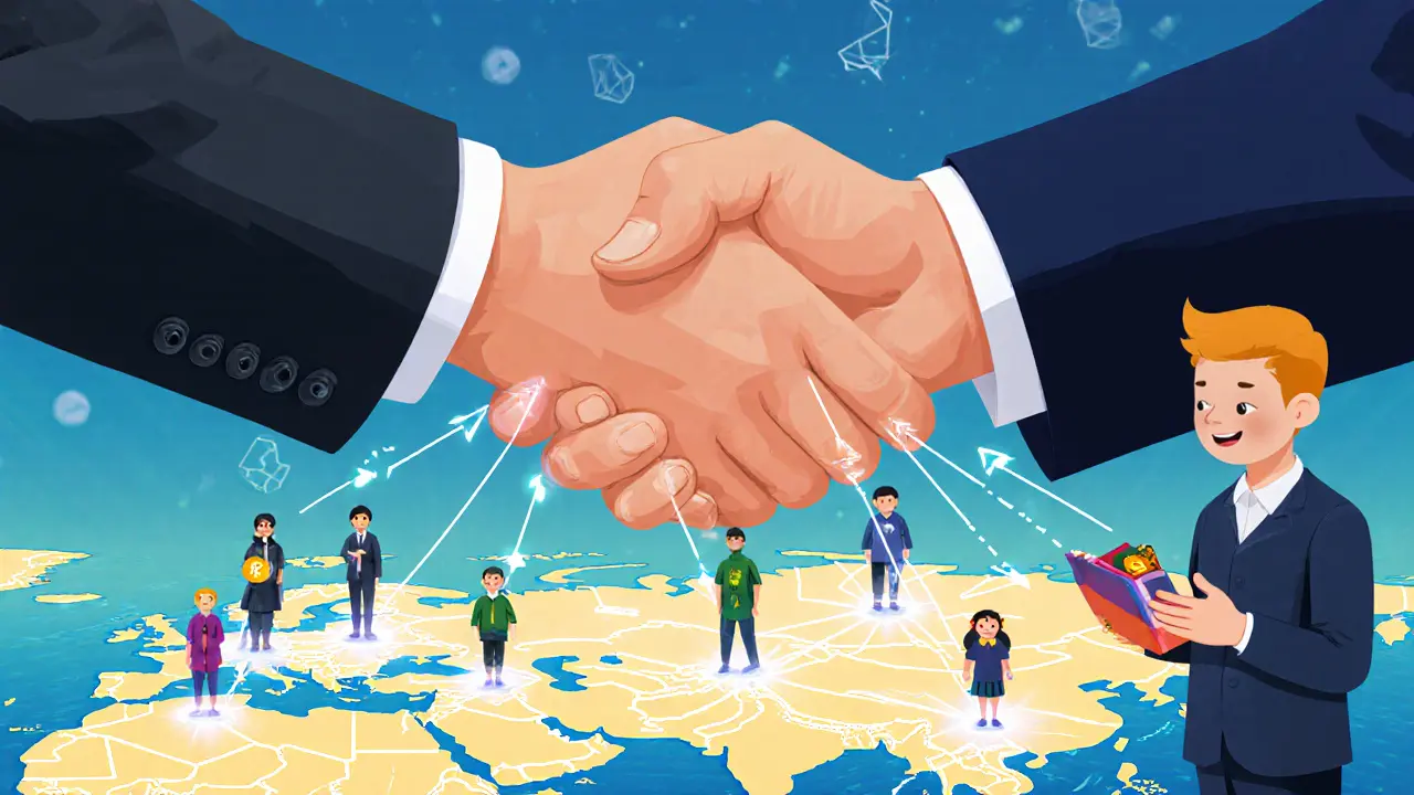 Handshake over a blockchain map with families sending remittances and a child paying for school.