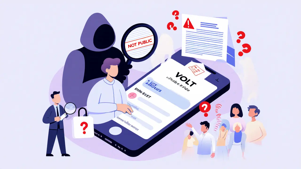 Mobile VOLT App being used to bridge assets, with hidden audit report and skeptical users in background.