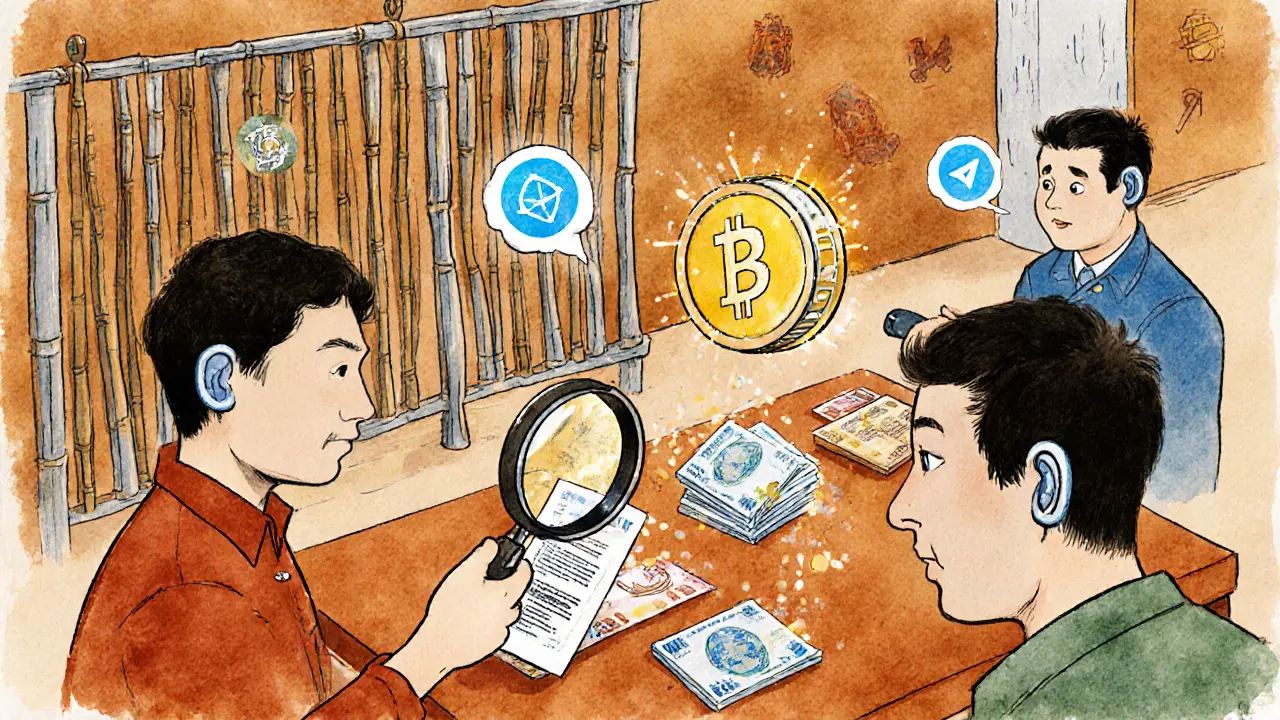 People trading cash for digital crypto tokens in a surreal marketplace under a firewall curtain.