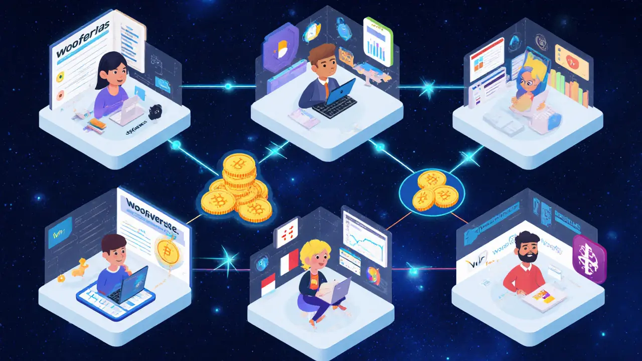 WoofVerse ecosystem with nine interconnected panels showing staking, rewards, and learning