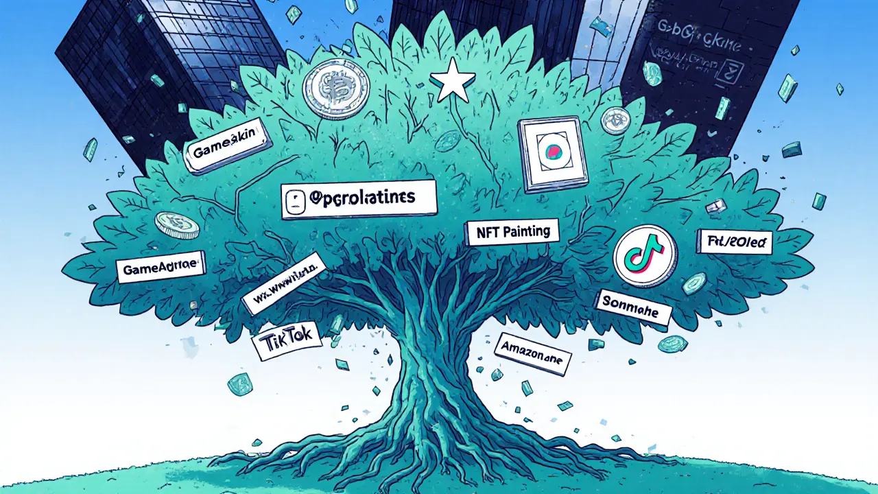A blockchain tree bears digital assets like NFTs and domains, while corporate towers crumble in the background.