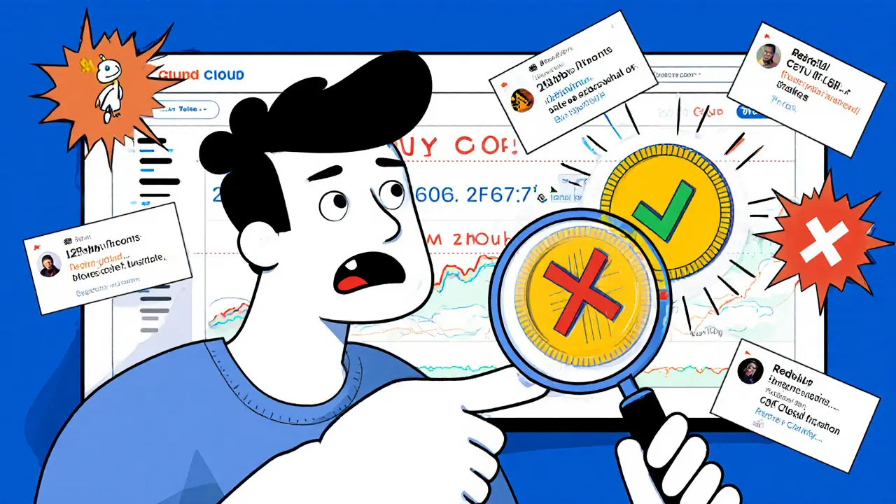 A confused investor using a magnifying glass to distinguish between two CLOUD tokens with warning signs.