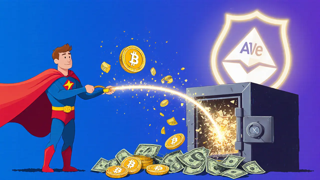 A DeFi liquidator using a flash loan lasso to rescue a collapsing loan vault and collect ETH collateral in a stylized illustration.