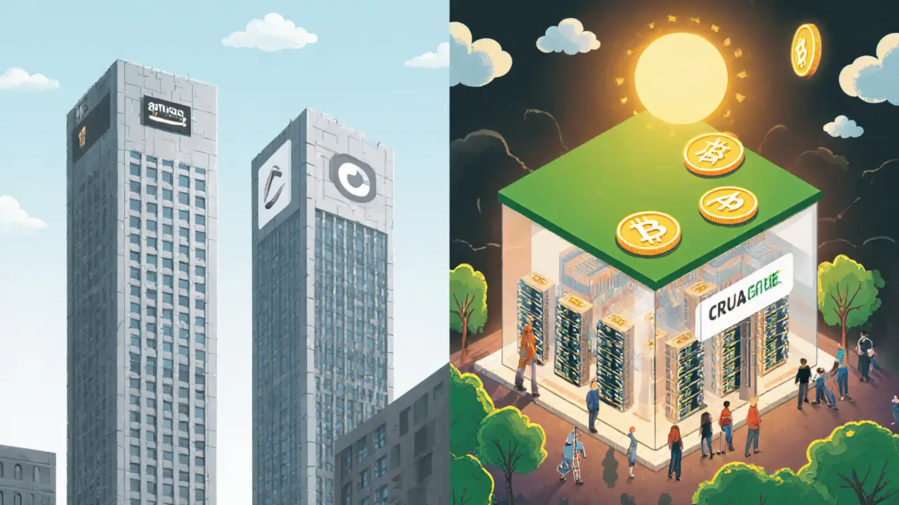 A green, open data center with GPUs compared to locked cloud skyscrapers, showing decentralization vs. centralized control.