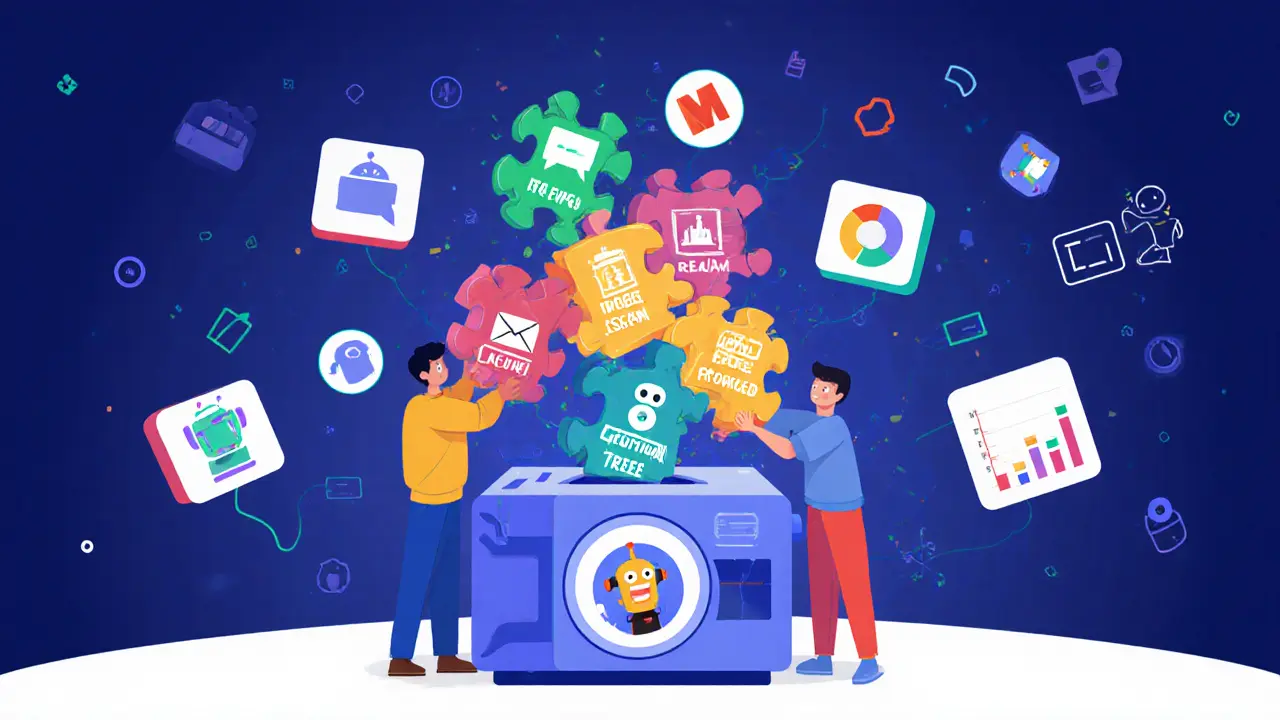 A no-code AI builder interface with drag-and-drop blocks creating a friendly robot agent, used by a student and small business owner.