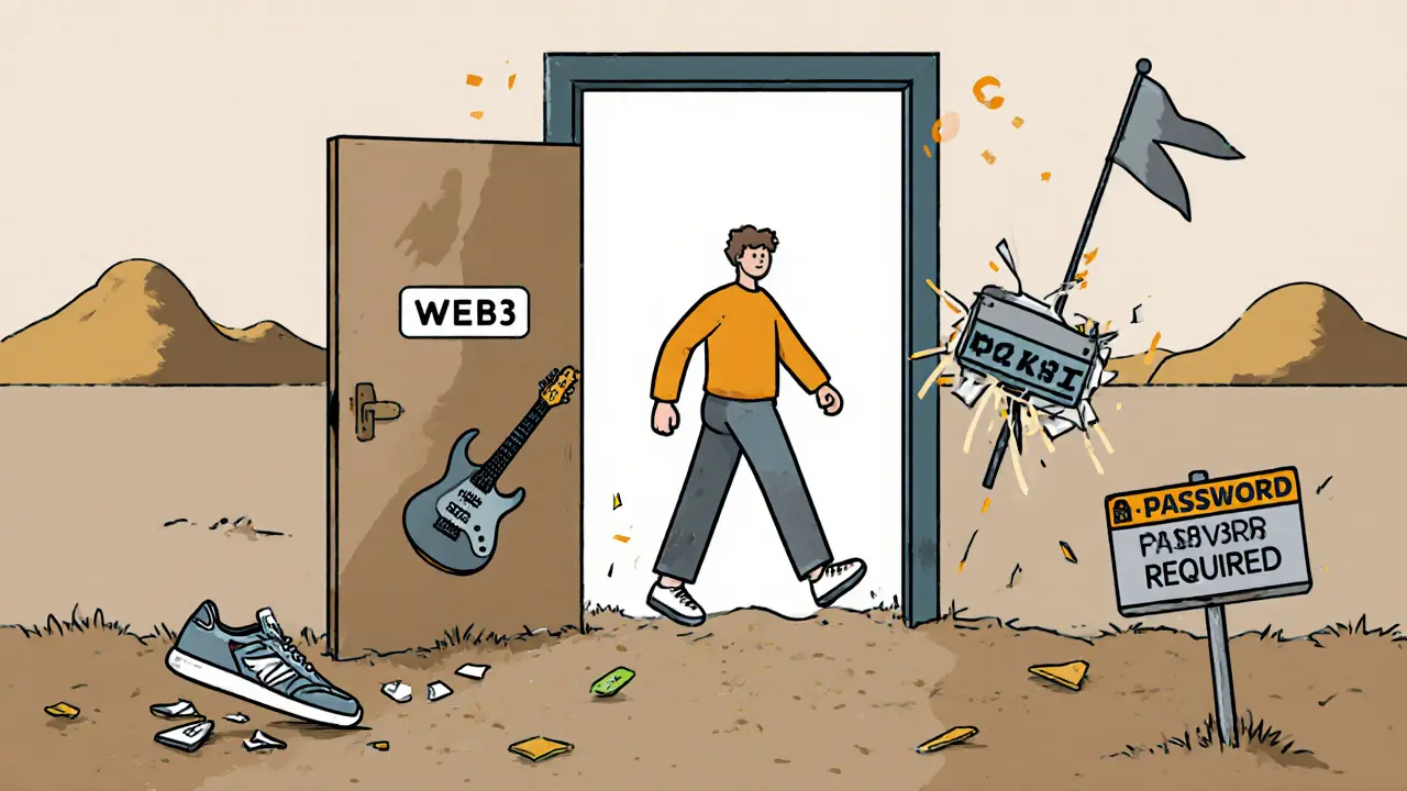 A person walks through a Web3 door into a vibrant digital world, carrying their NFT guitar and domain flag.