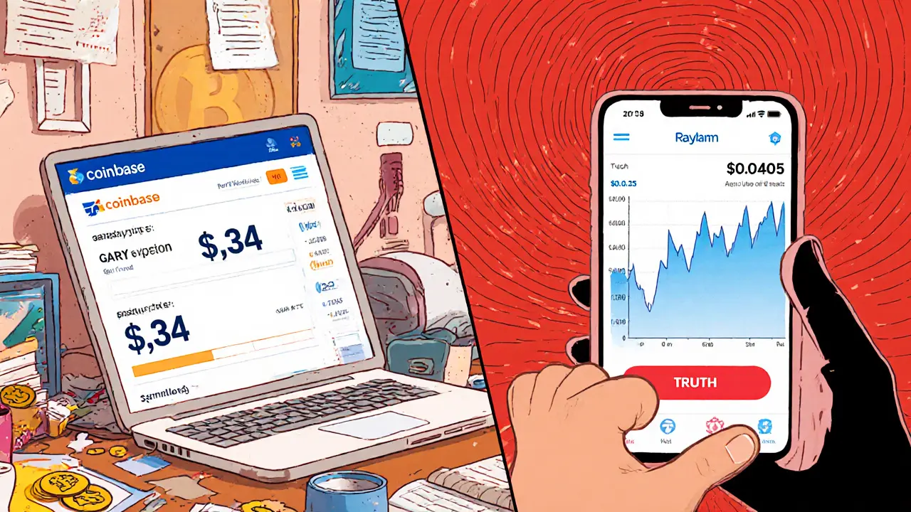 A split scene showing fake high GARY price on Coinbase vs. real low price on Raydium, with a trader hesitating.
