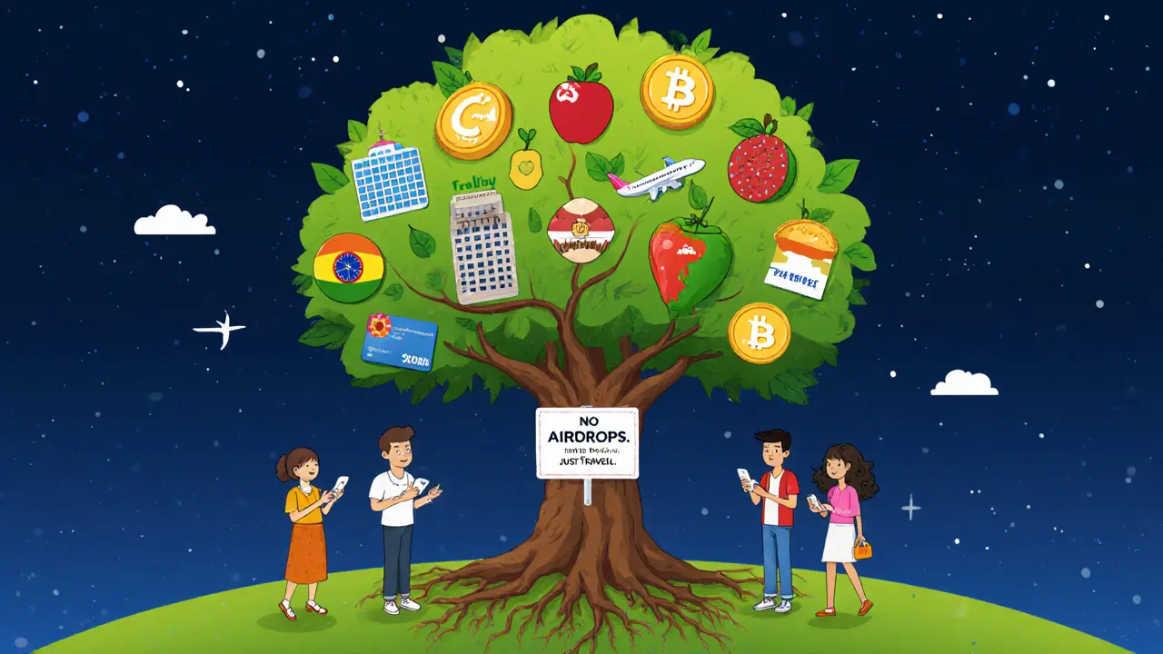 A tree made of CANDY tokens grows from travel bookings, supporting diverse global travelers and a future debit card.