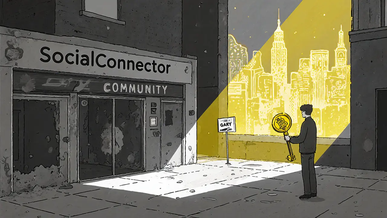 An abandoned digital community square for GARY, with a lone creator holding the token under dim light.