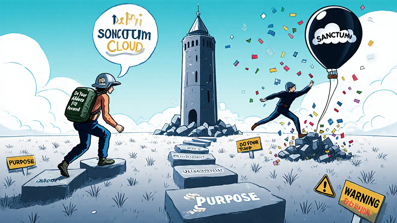 An explorer safely crossing a CLOUD token minefield toward a DeFi tower, while another falls into a meme balloon explosion.