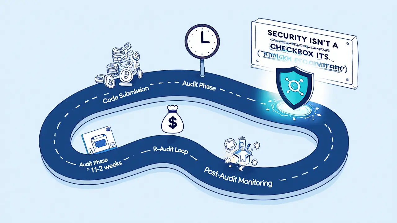Blockchain project timeline road with audit phases, re-audits, and post-audit security shield.