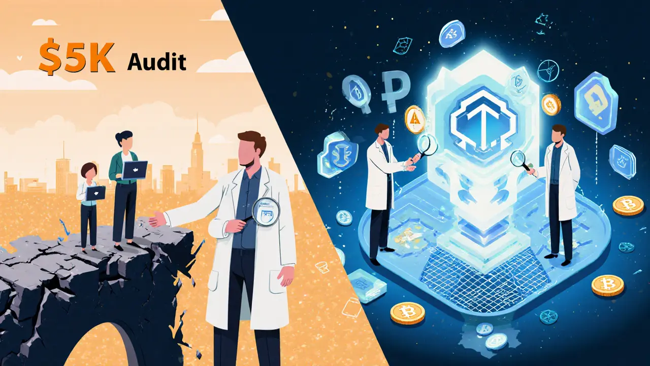 Contrasting audit teams: small team failing vs expert team safeguarding a complex DeFi protocol.