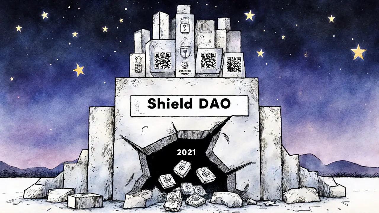 Crumbling Shield DAO monument with SLD tokens falling away, while a new 2FA security system rises in the background.