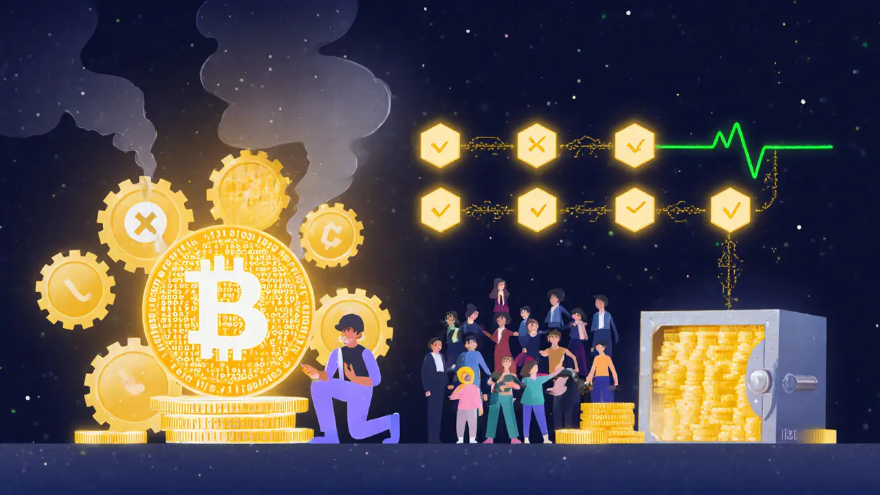 Miner solving a math puzzle next to a validator staking coins, as a new block is added to a glowing blockchain with consensus checkmarks.