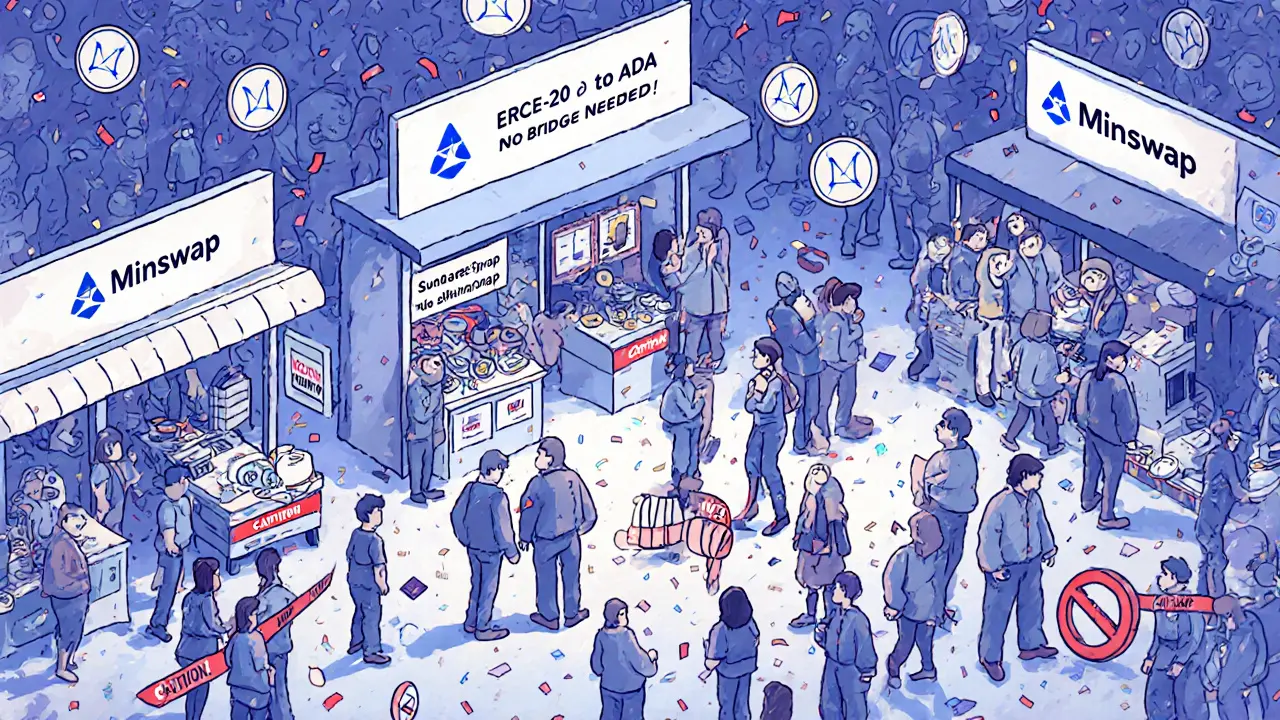 Minswap booth at crypto marketplace stands out with ERC-20 converter sign among competitors.