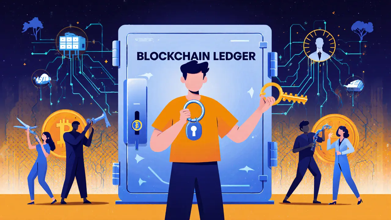 Person holding a private key before an unbreakable digital vault, while others use the ledger for land titles, medicine tracking, and voting.