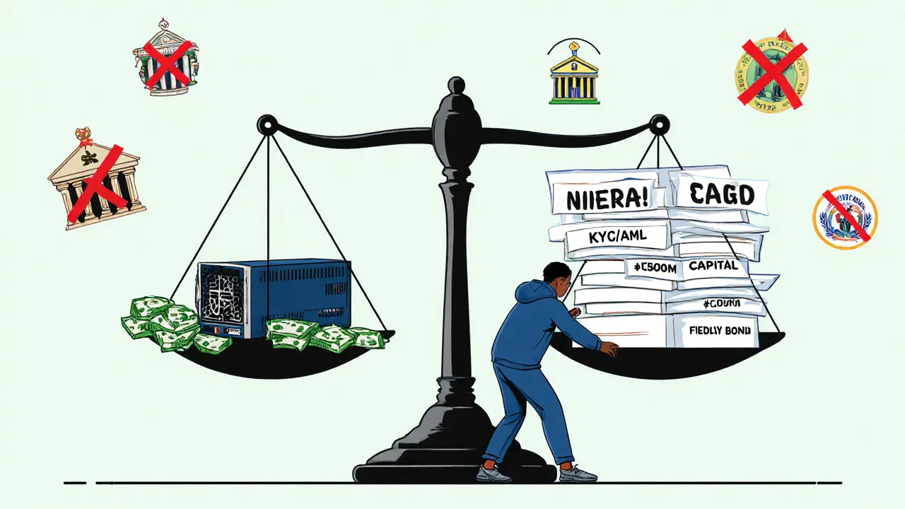 Scales of justice comparing a small crypto miner to massive legal requirements for licensing.
