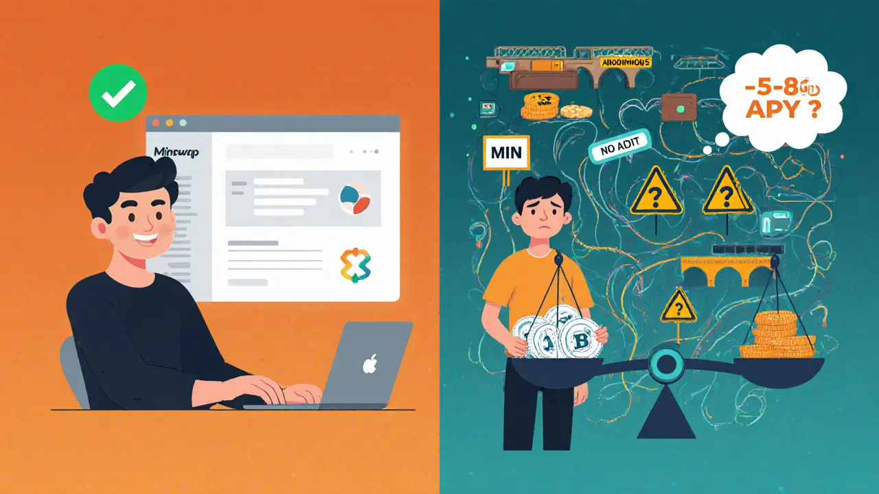 Split scene: calm Minswap swap vs. chaotic crypto confusion with audit warnings.