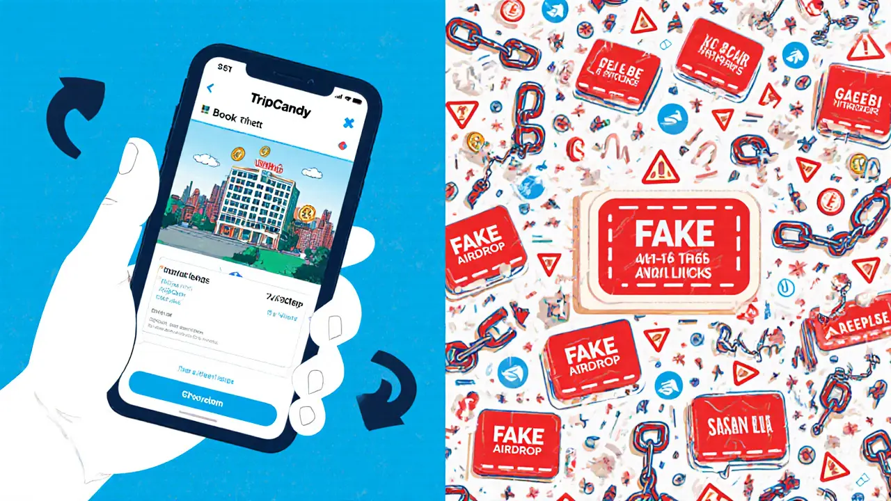 Split scene: one side shows legitimate CANDY token earnings from travel booking, the other shows fake airdrop scams.