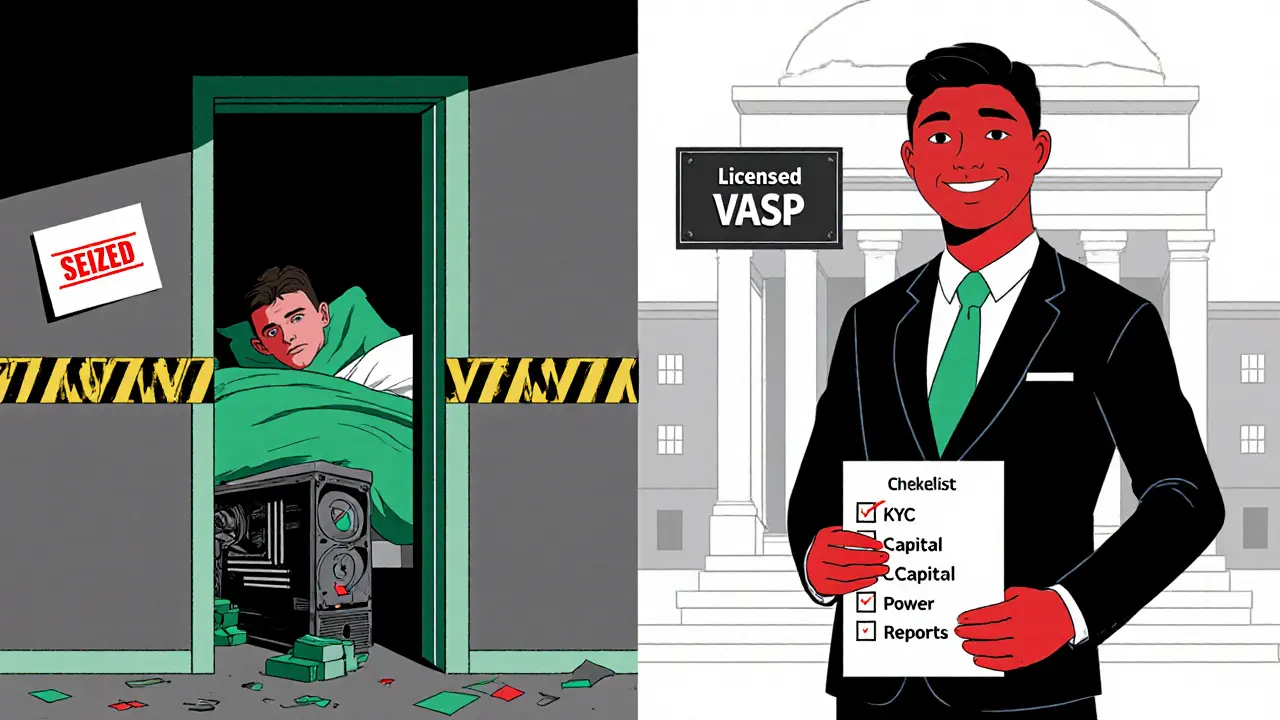 Split scene: one side shows seized mining gear, the other shows a licensed miner at a government office.