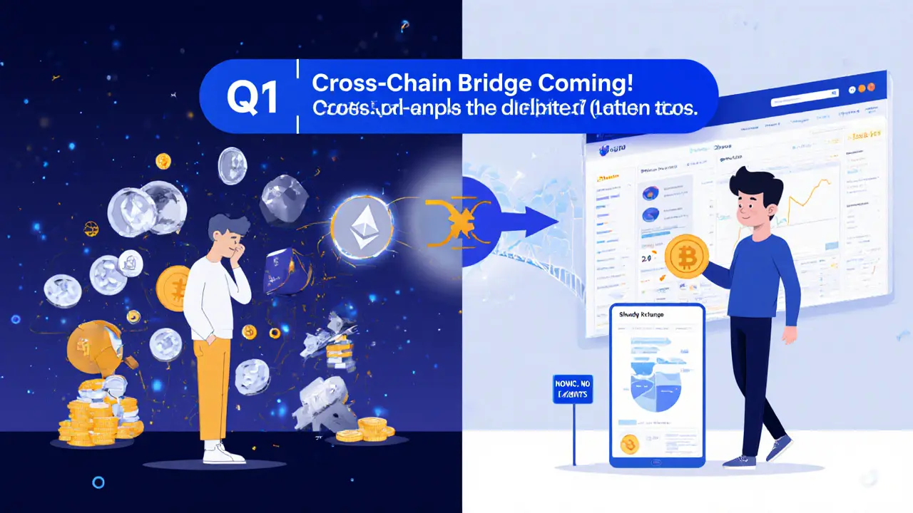 Split scene: slow Ethereum DEX vs. fast Shadow Exchange with roadmap to cross-chain bridge and mobile access.