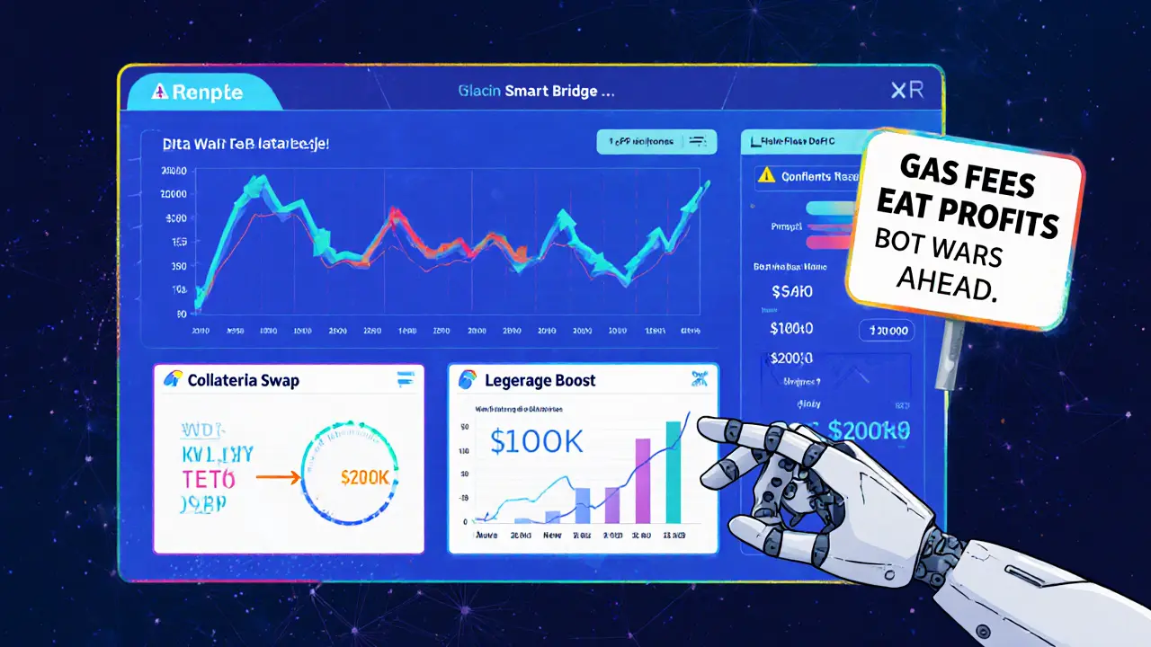 Three animated DeFi use cases — arbitrage, collateral swap, and leverage — displayed on a digital dashboard with a smart contract hand executing them.