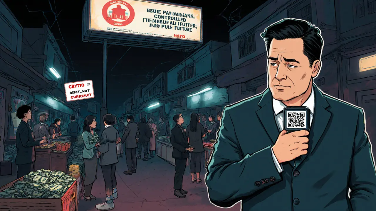 Underground crypto cash exchange in Hanoi, with hidden scanner and government slogan in background.