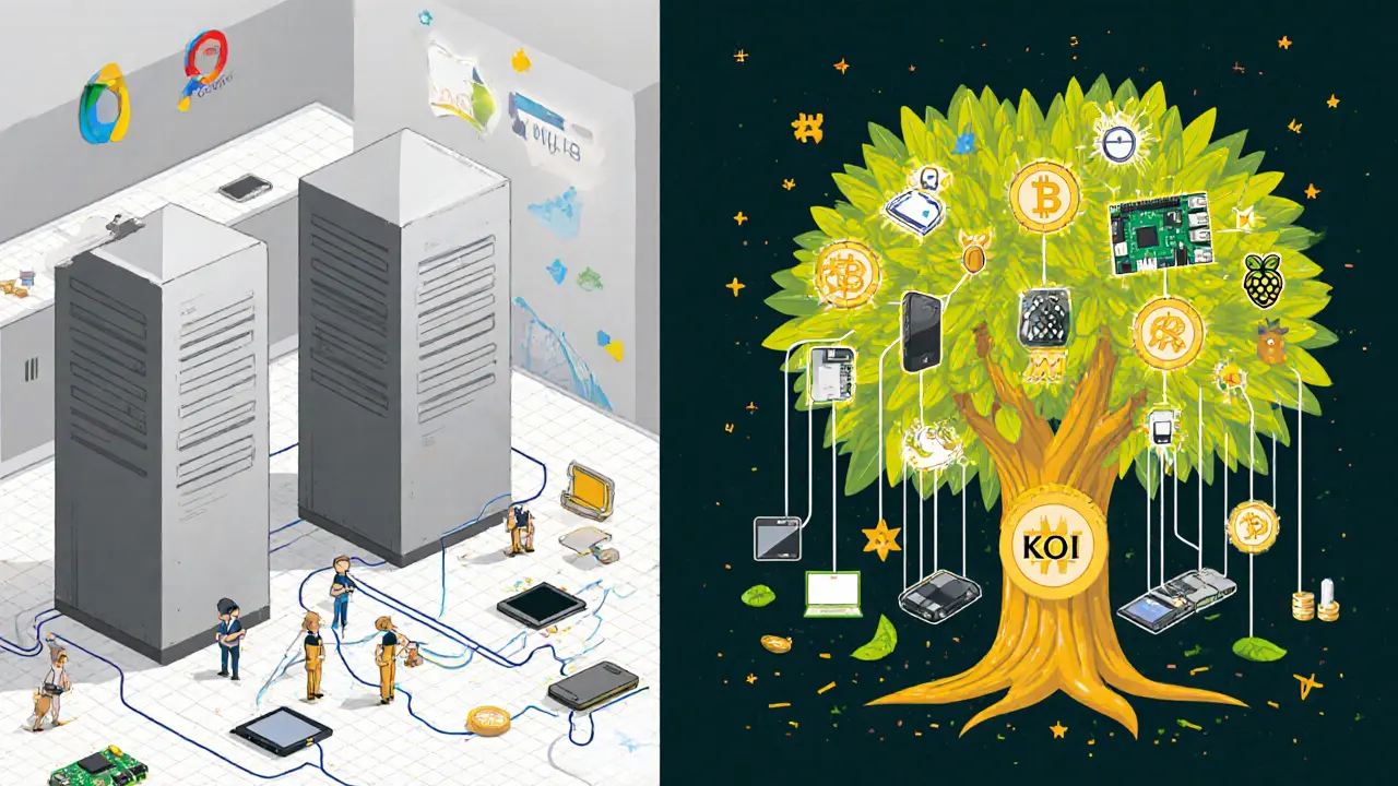 A contrast between corporate data centers and a tree-shaped AI supercomputer powered by everyday devices and KOII tokens.