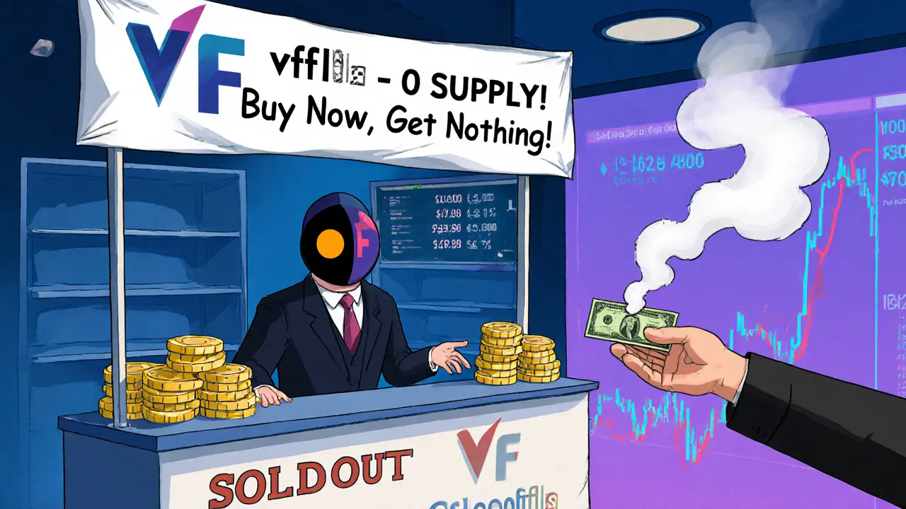 A deceptive stall sells a token with zero supply, offering nothing but smoke, while a buyer reaches out unknowingly.