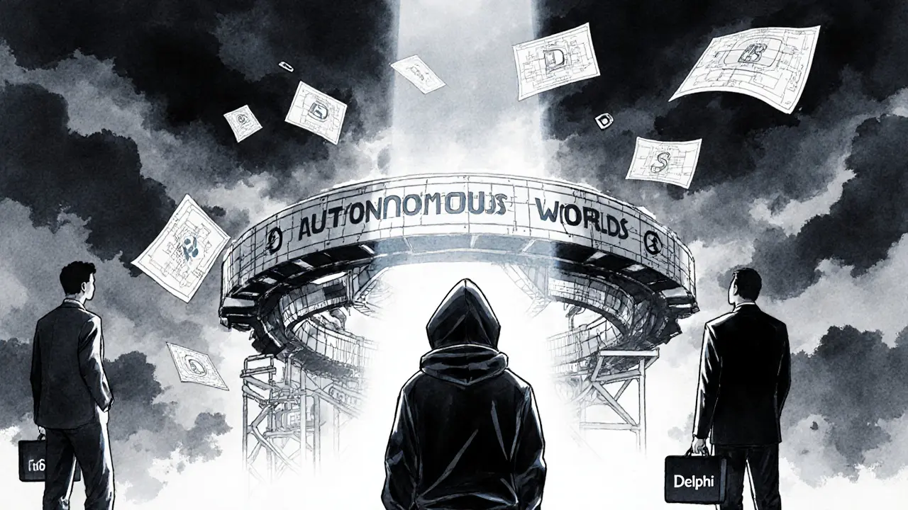 A developer working on a blockchain engine while shadowy investors watch from behind.