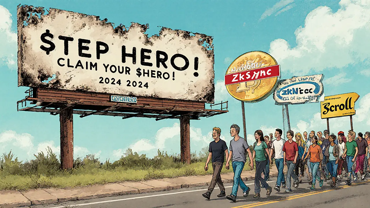 A faded Step Hero billboard crumbles as users walk toward active, vibrant airdrop projects.