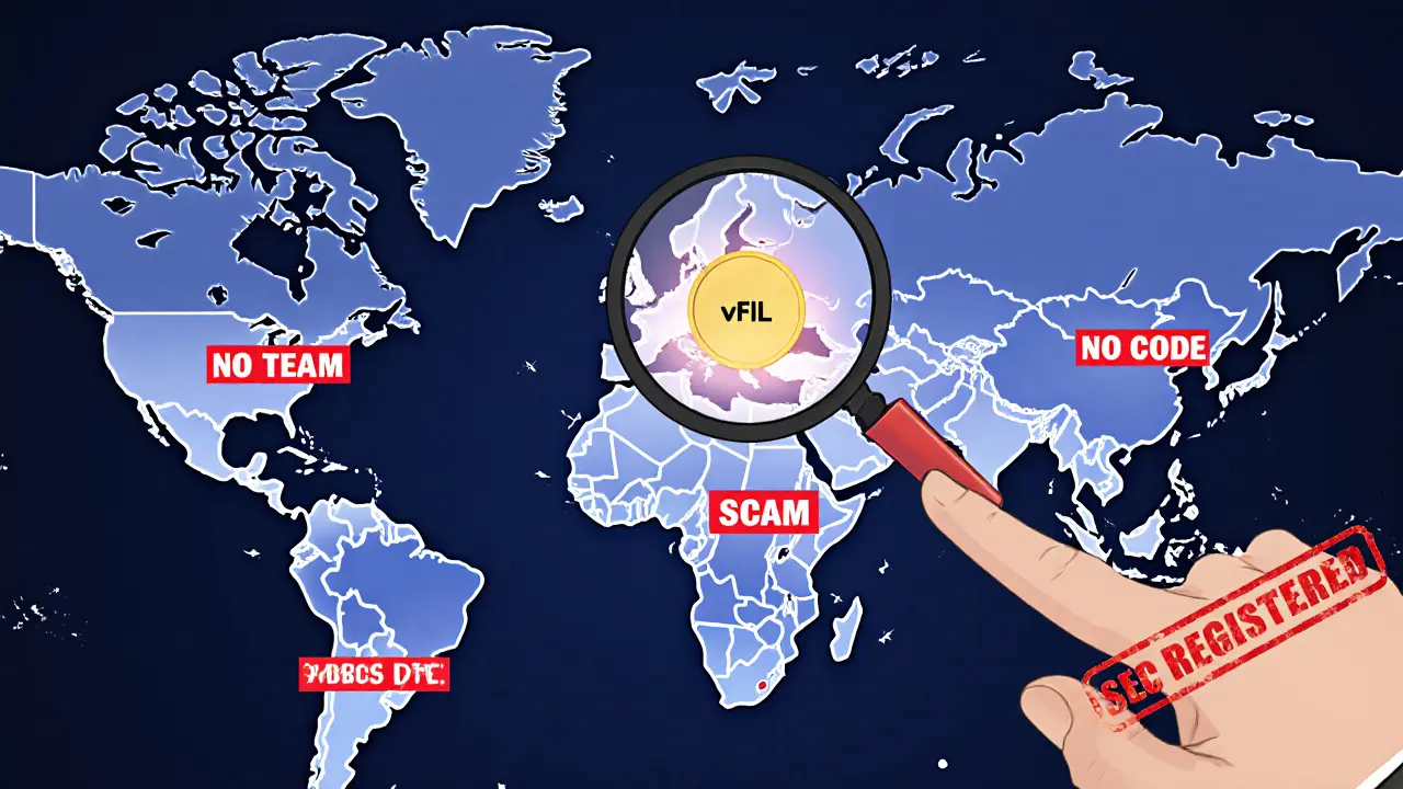 A flickering vFIL node on a blockchain map is surrounded by red warnings, marked as unregistered and fraudulent.