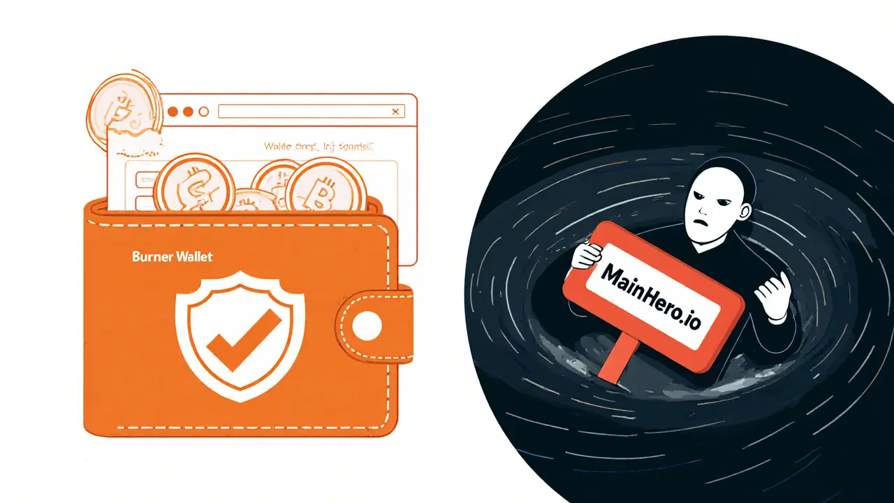 A safe burner wallet claims tokens securely while a main wallet is sucked into a scam vortex.