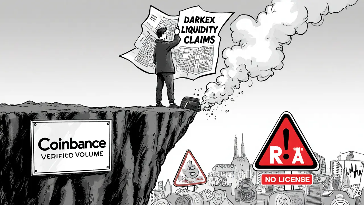 A trader on a cliff as their wallet slips away, while established exchanges stand securely below.
