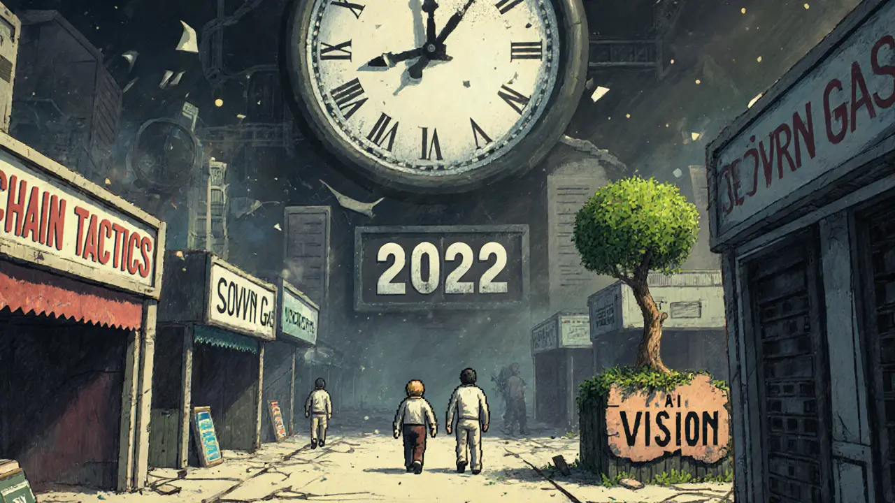 An empty blockchain marketplace with a lone sapling growing from a cracked server rack.