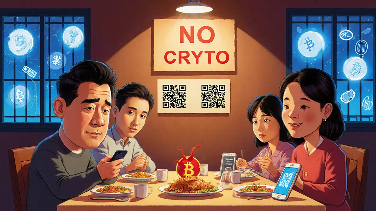 Family at dinner, one deletes a crypto app while others use digital yuan, with a &#039;NO CRYPTO&#039; sign on the wall.