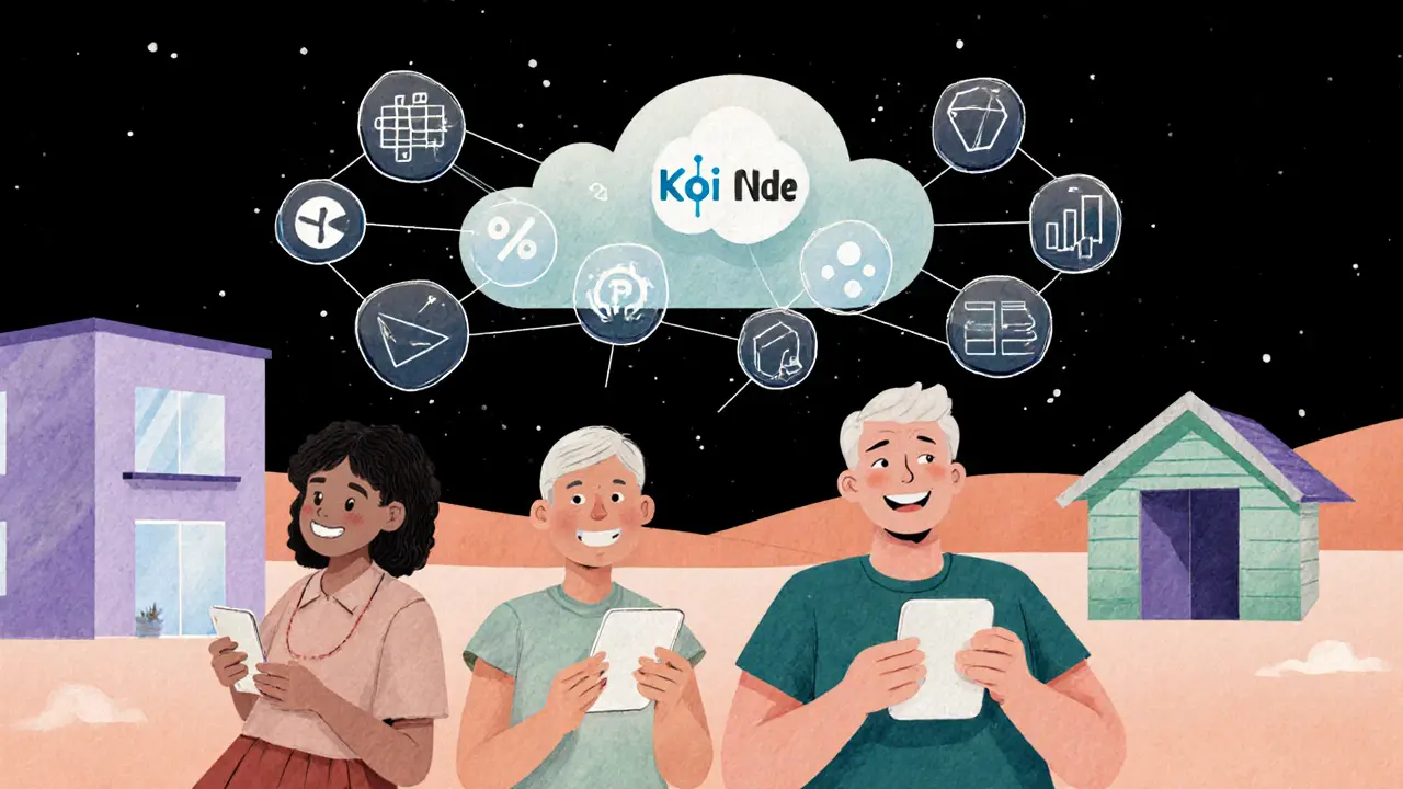 People around the world running Koii Node apps, with AI tasks floating above them as part of a decentralized cloud.