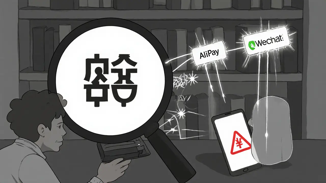 Someone hiding a hardware wallet, but a PBOC magnifying glass reveals glowing blockchain traces and frozen accounts.