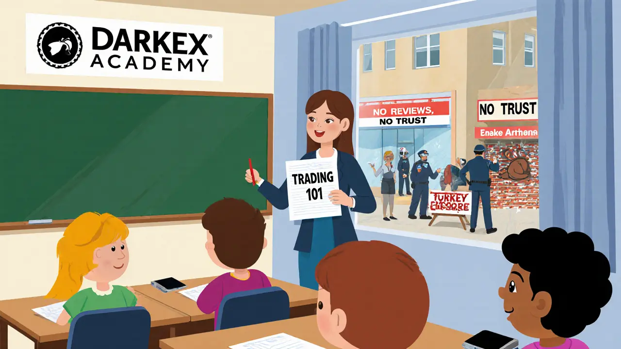 Students learning trading basics in a classroom while a nearby exchange is shut down by authorities.