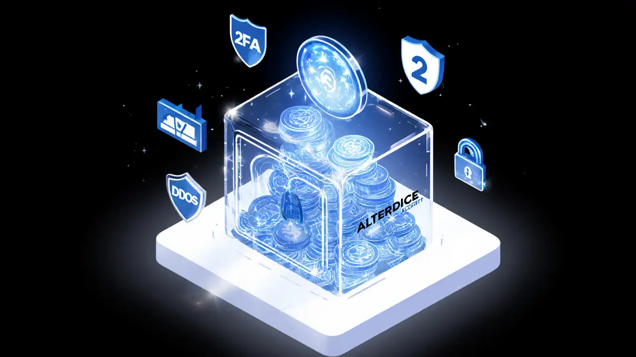 Transparent vault showing 98% of crypto in cold storage and 2% online, with security icons around it.